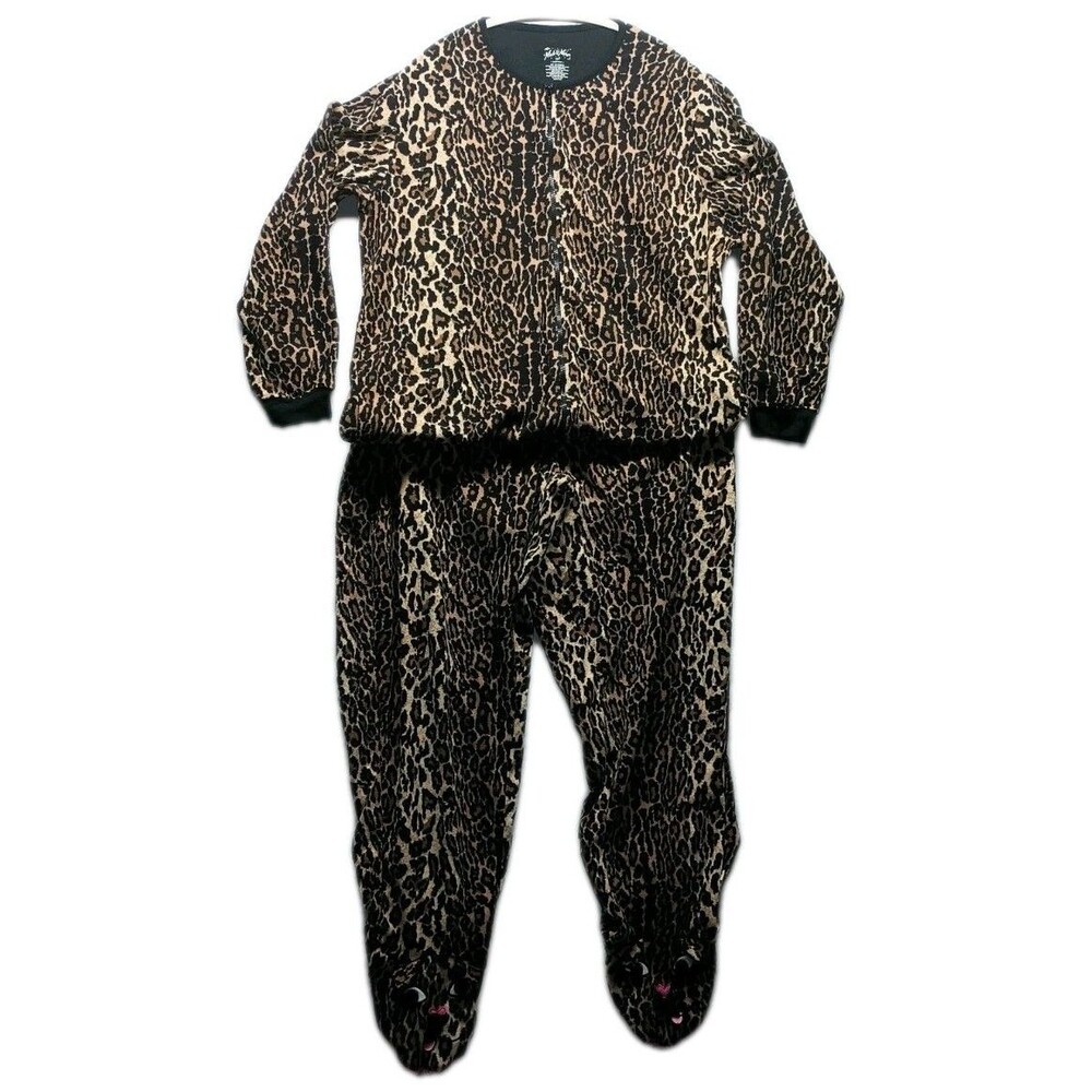 Nick & Nora Pajamas M  Soft Fleece One Piece Footed Animal Print Leopard Cat